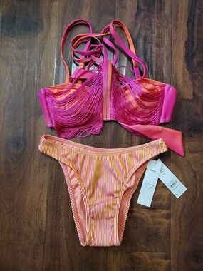No Boundaries Hot Pink and Orange Fringe Bikini Set